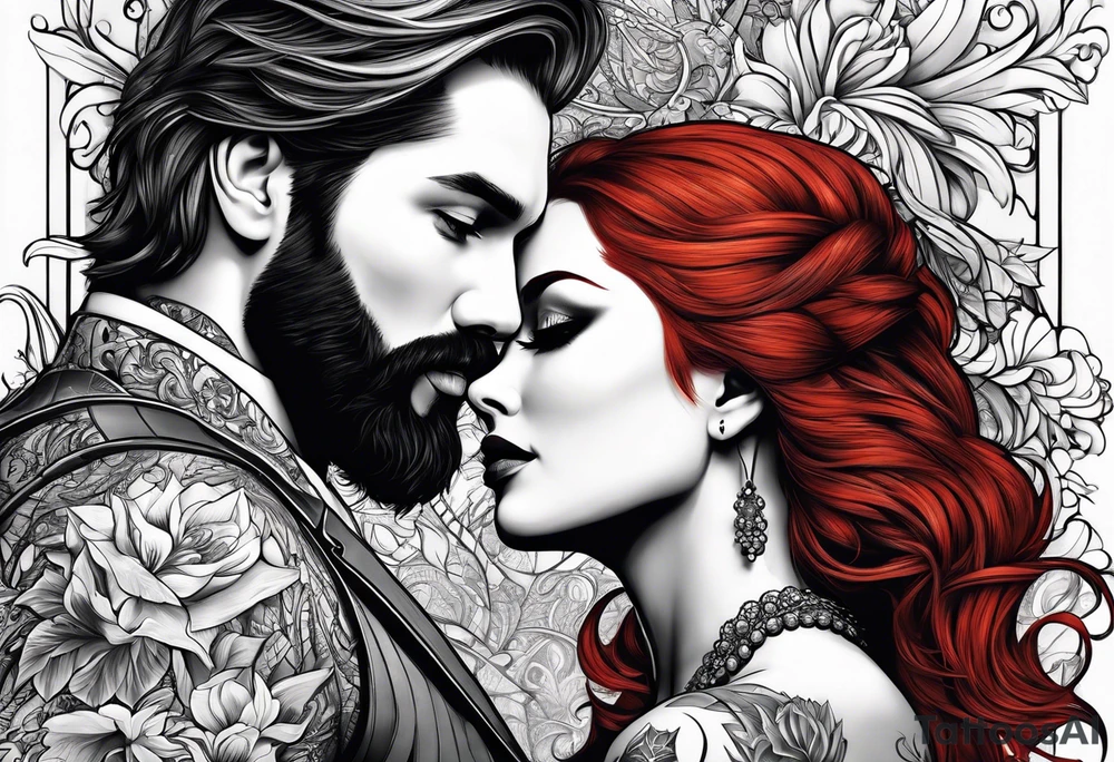 Busty red haired woman with a bearded man who has black hair tattoo idea