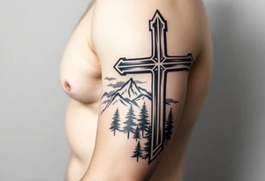 russian christian orthodox cross with the diagonal line at the bottom with a light forrest with a light mountainous setting tattoo idea
