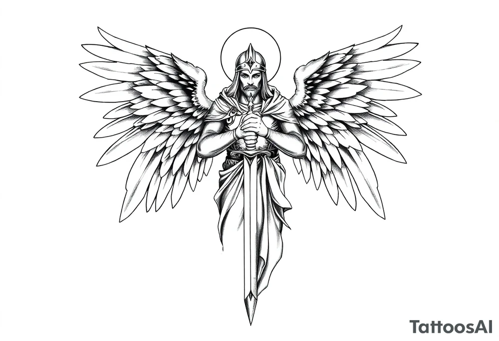 Holy Archangel, Biblical, Christianity, Hebrew, Guards of Christianity, Holding a sword, has six wings, wearing helmet, halo, seraphim tattoo idea