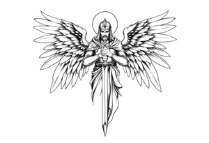 Holy Archangel, Biblical, Christianity, Hebrew, Guards of Christianity, Holding a sword, has six wings, wearing helmet, halo, seraphim tattoo idea