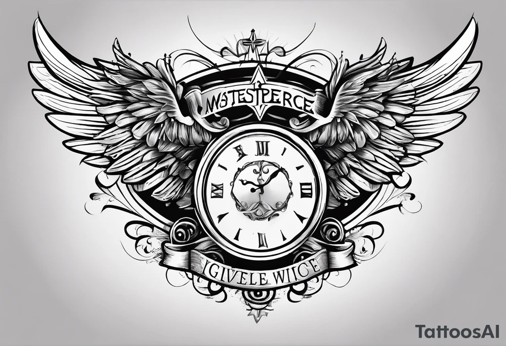 Simple tattoo with the word Glenn on a banner and angel wings tattoo idea