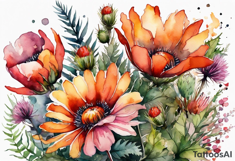 wildflowers with thistles, ferns, burnt orange flower, white flowers, pink flowers, red flowers and yellow flowers all in watercolor tattoo idea