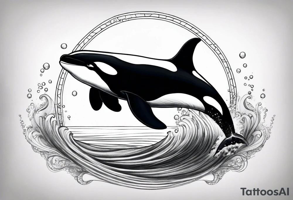 A male orca, black tattoo, 6-7 cm. sun beams in water, male orca diving down, tattoo viewpoint is half in water half out, maybe the big male dorsal fin is out of water on top if it looks good. maybe in a circle or square. underwater tattoo idea