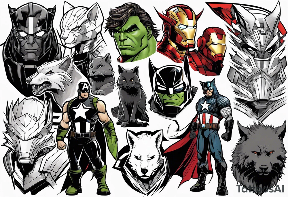 I want to change Avengers Team characters with animals. Hulk will be Badger, Thor will be Alpha Grey Wolf, Captain America will be Bull, Iron Man will be Canary, Black Widow will be Axolotl, Hawk Eye will be Sudan Plated Lizard and Nick Fury will be Cat. tattoo idea