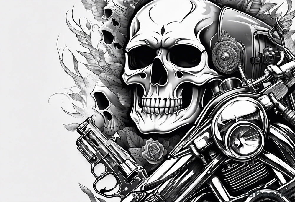 skulls with motorcyles along with guns and money tattoo idea