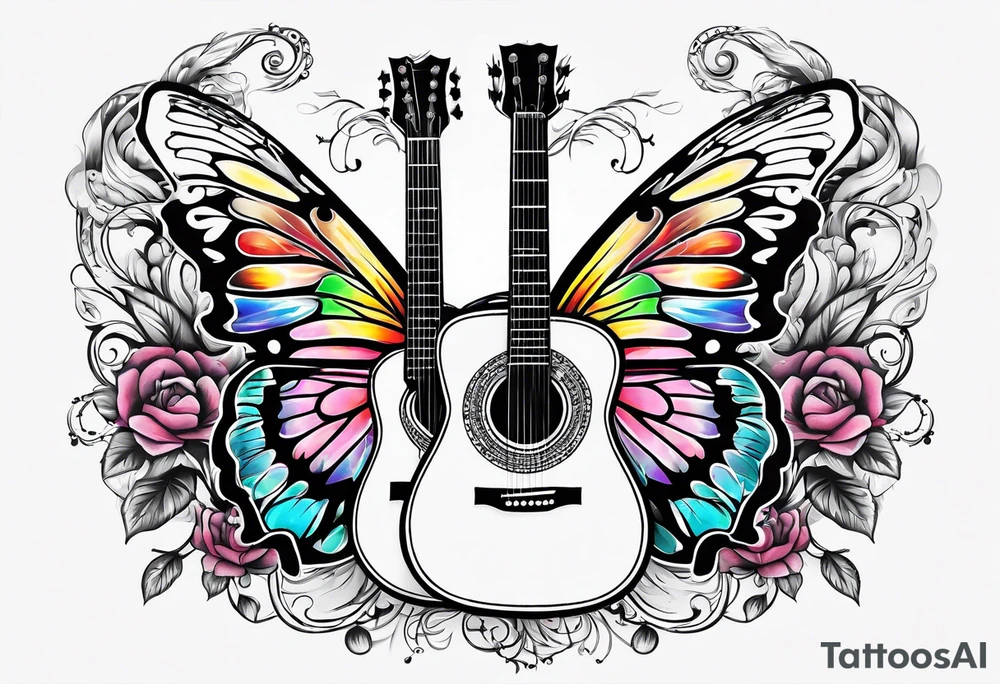 Guitar, butterfly, rainbow, Halo gaming tattoo idea