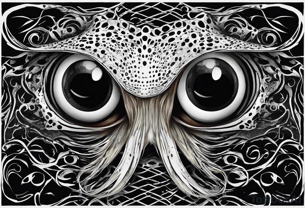The equivalent of a horror and bizarre squid avatar. twisting and intersecting lines, making it look very wild and chaotic. The eyes of the squid are particularly prominent, one of them is white and the other is black, the overall expression is crazy and intense, with some distressed or damaged texture effects.

Able to change the color of the body and hide in the black sea tattoo idea