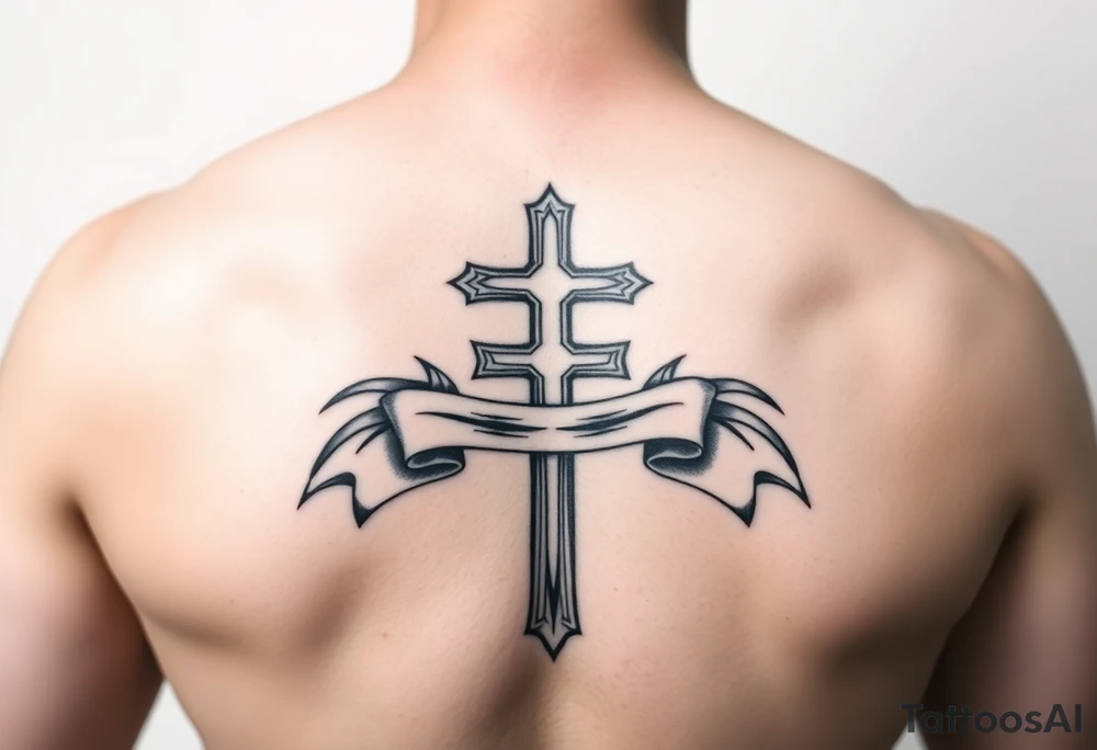 A cross surrounded with ribbon by Micronesian tribal for arm tattoo idea
