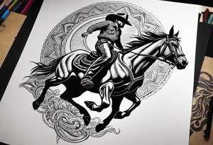 Cover up tribal sun located on right shoulder blade with a cowboy riding a bucking horse pictured inside a bull skull. Add lyrics “the devil can scrap, but the lord has won” tattoo idea