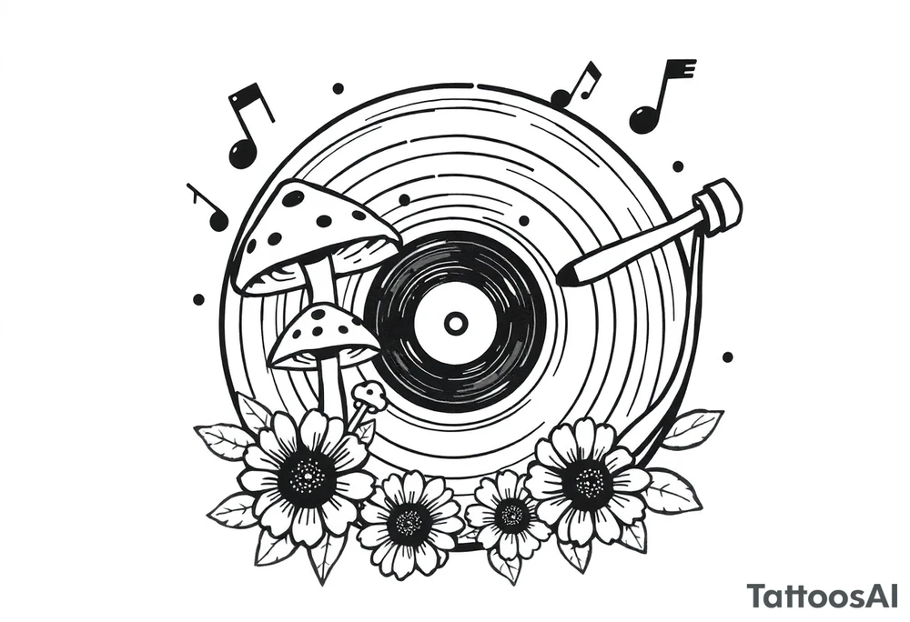 vinyl record player with mushrooms, sunflowers, and music notes around it tattoo idea