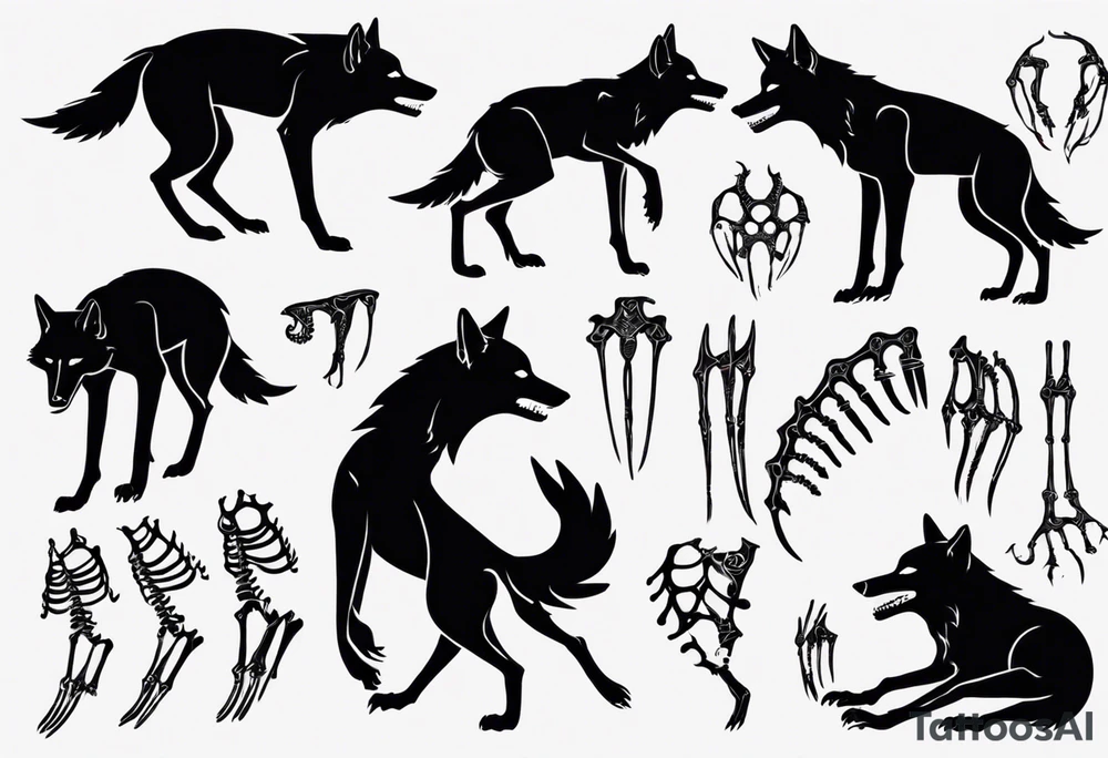 two wolf skeletons dancing with bone tails and bone ears tattoo idea two wolf skeletons dancing with bone tails and bone ears tattoo idea