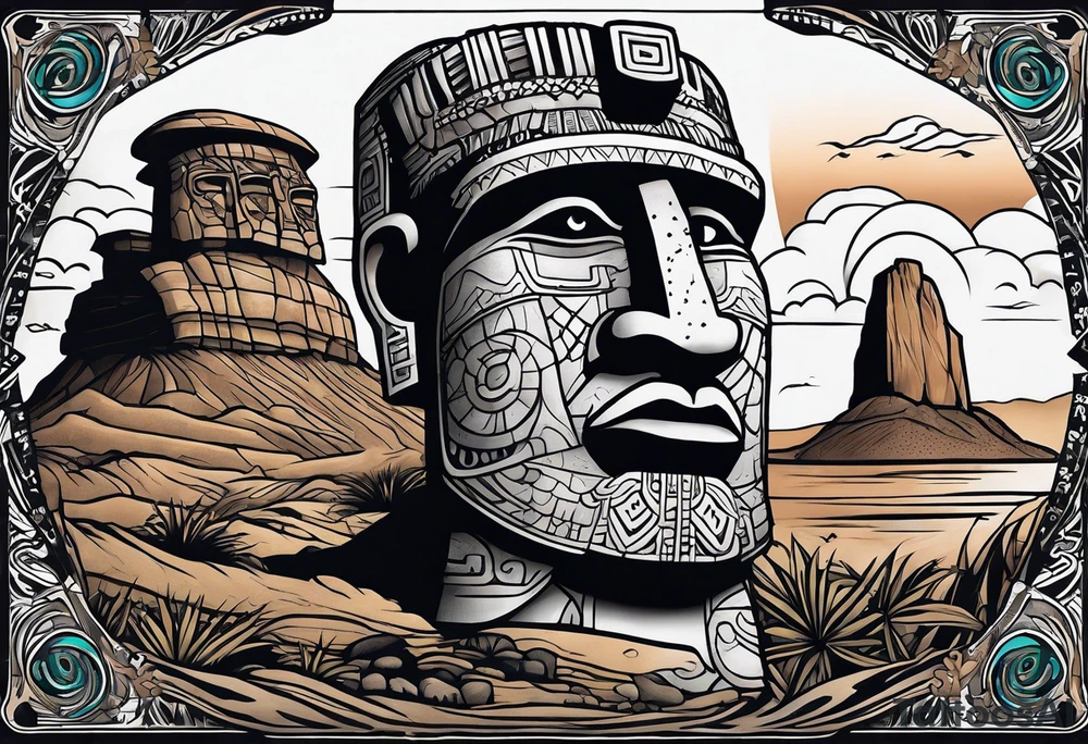 Upper arm piece of Easter island heads on an island landscape and hawk circling above tattoo idea