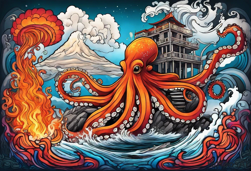 Octopus, volcano eruption, bridge tattoo idea