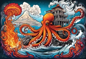 Octopus, volcano eruption, bridge tattoo idea