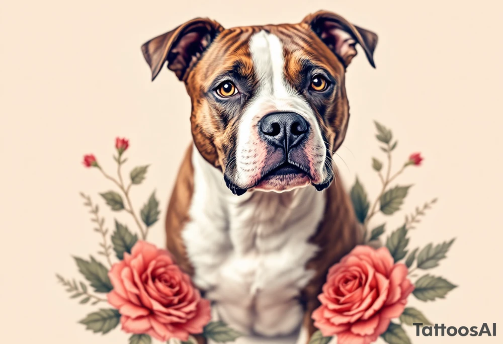 Brown and white pitbull with kind eyes, sitting calmly, surrounded by roses in muted red and soft green leaves, gentle realism. tattoo idea