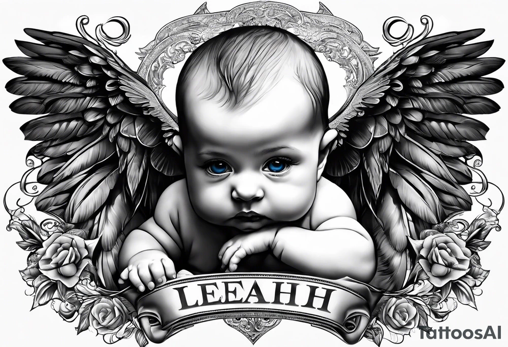 Tattooed baby with angel wings. Name Leah written under in gothic letters. tattoo idea