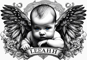 Tattooed baby with angel wings. Name Leah written under in gothic letters. tattoo idea