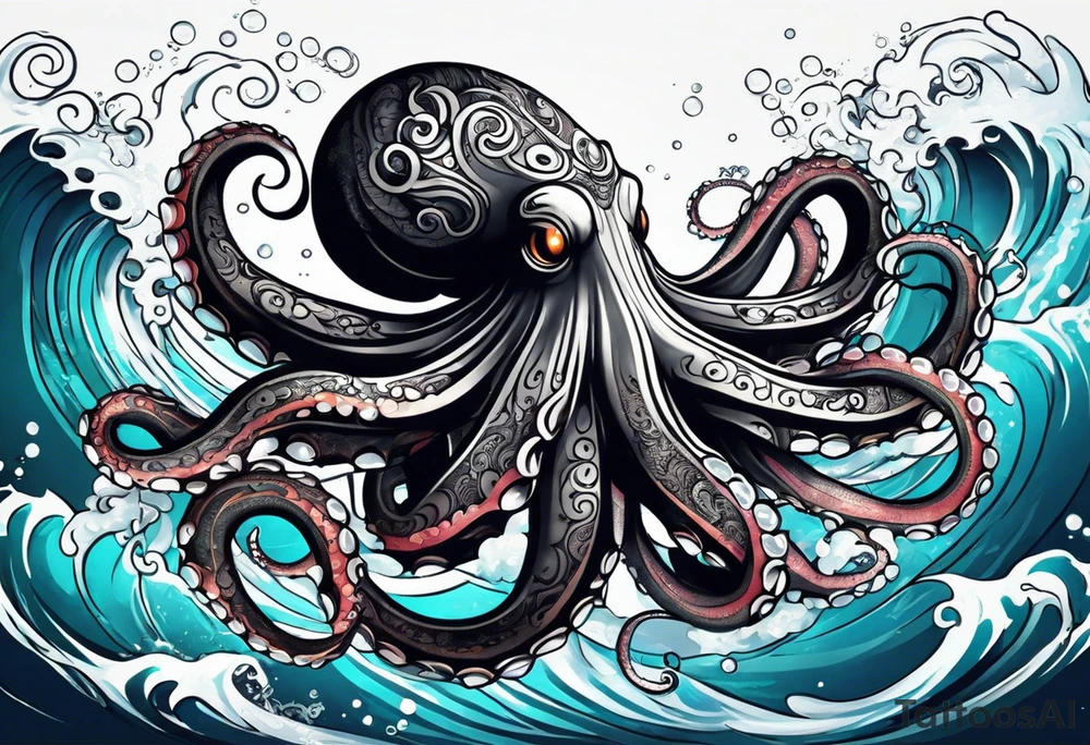 Tribal half sleeve. octopus surrounded by ribbons of water waves filled with fish. the octopus has no eyes. Use thick lines only with less detail. tattoo idea