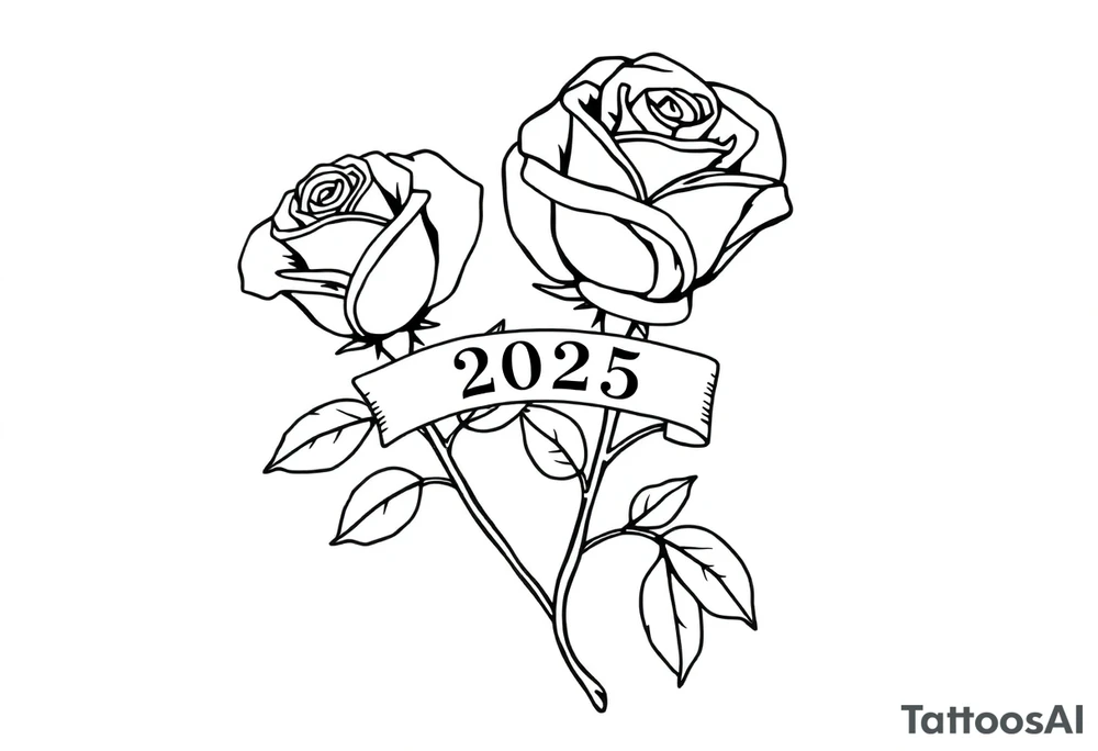 two beautiful large rose buds, one larger than the other, with many leaves next to the rose buds, with one sitting higher than the other. Include a banner connecting the two roses with the year "2025" on it.   Use dark outlines with little shading. The two stems should be short, not long, and connect and join into one stem, whimsically curved or twisted - not straight down. tattoo idea