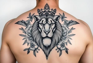 powerful majestic lion with a crown, surrounded by floral ornaments and birds tattoo idea