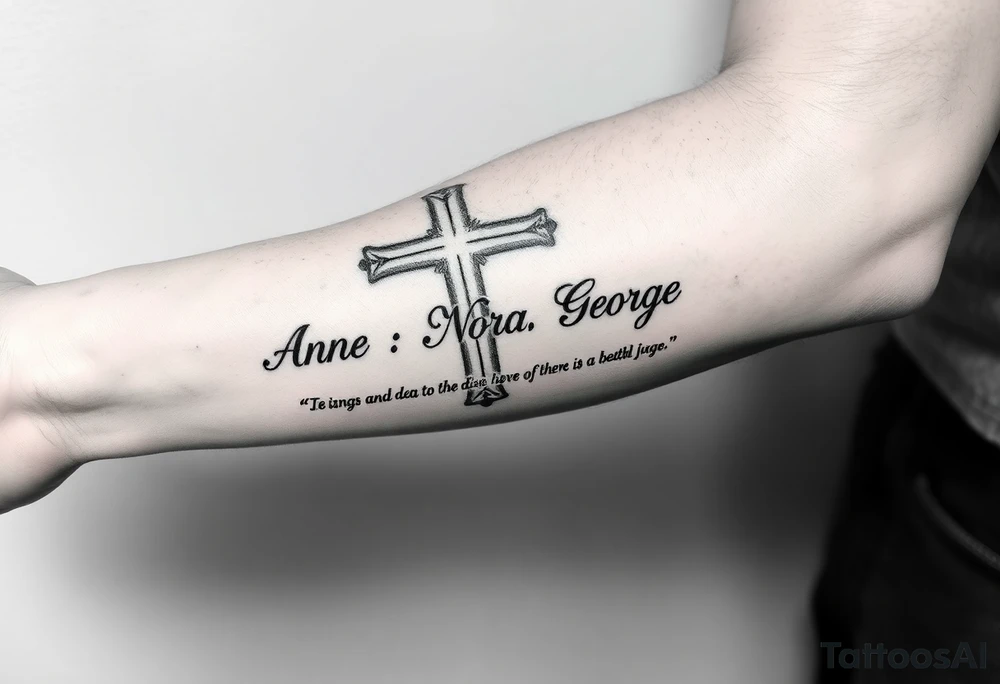 A cross with my grandparents name Anne, Nora, George and add this bible verse Joshua 1:9: "Be strong and courageous. Do not be afraid; do not be discouraged, for the Lord your God will be with you wherever you go tattoo idea