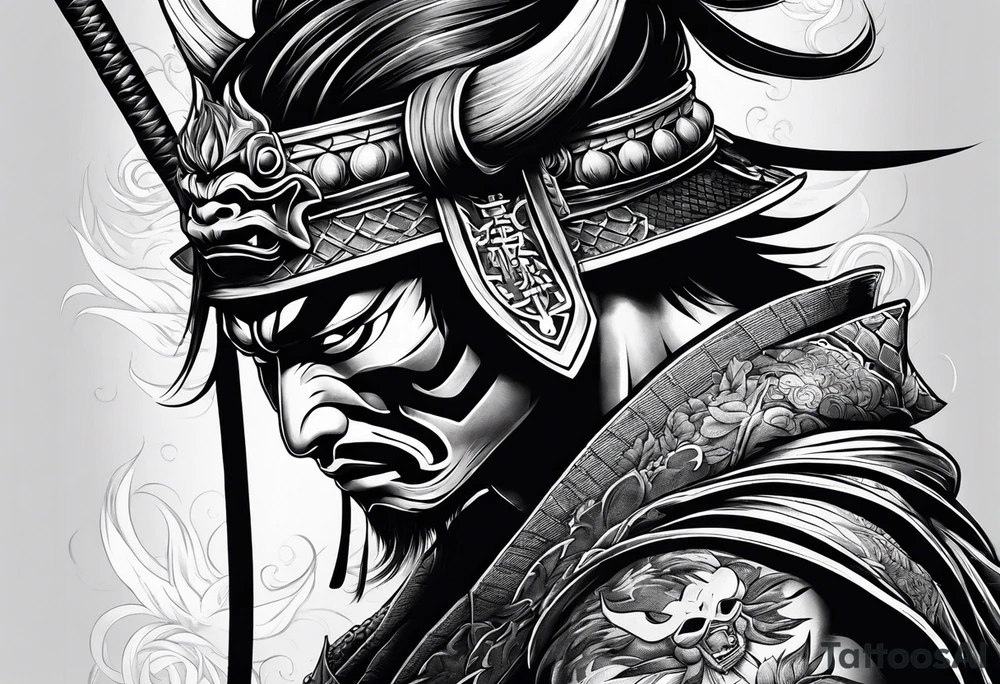 Samurai with an oni mask covering his face tattoo idea