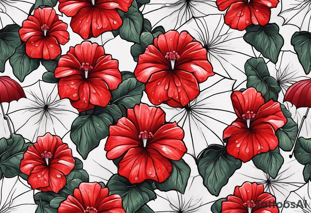 Umbrella with red geraniums with rain drops tattoo idea