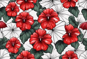 Umbrella with red geraniums with rain drops tattoo idea