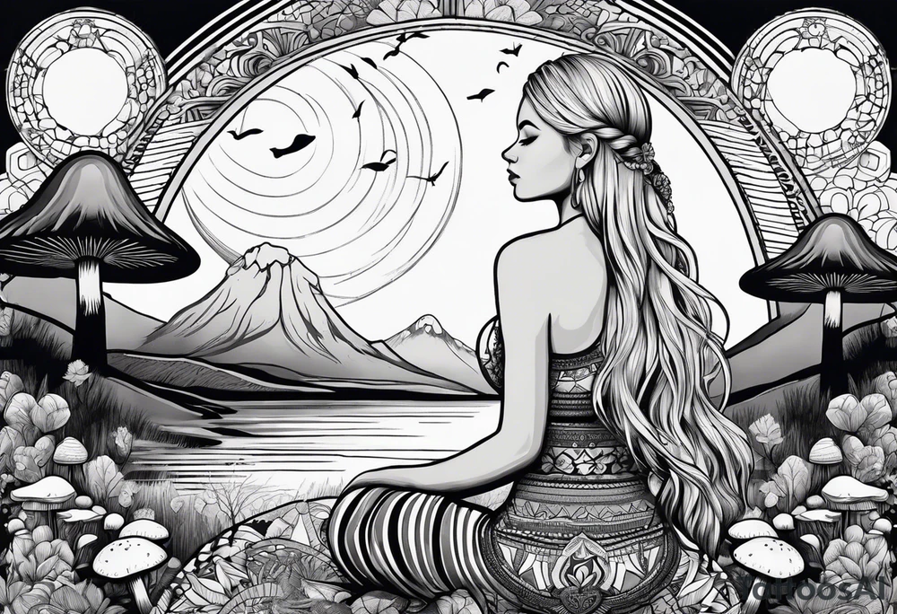 Straight blonde hair girl meditating facing away toward mountains surrounded by mushrooms crescent moon mandala circular design black and white striped dress tattoo idea