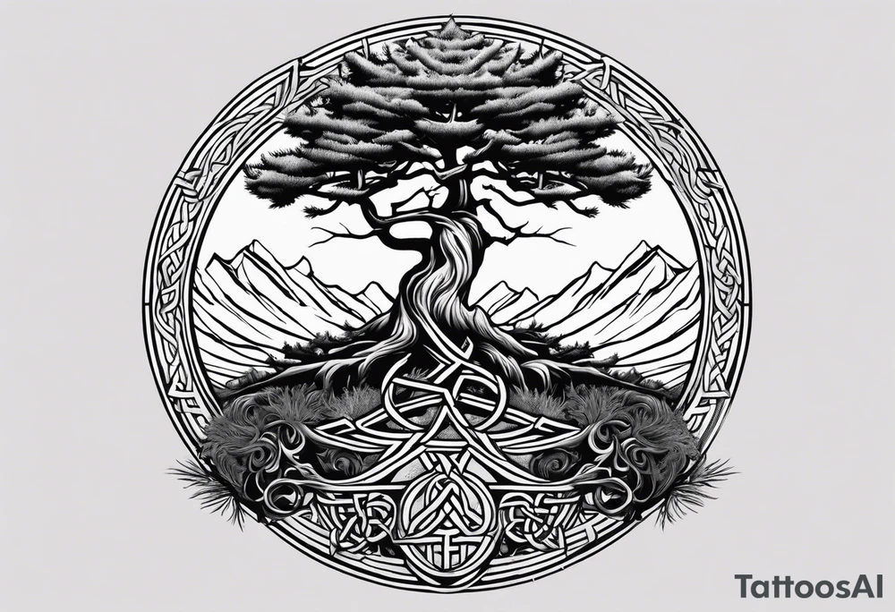 Pine tree and on the oposite side a juniper tree as ot os a reflaction.  roots of both trees are joined and entangeled in celtic trinity sign tattoo idea