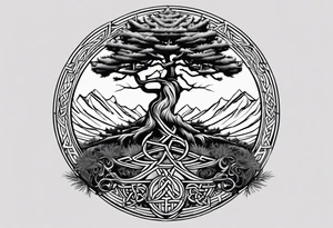 Pine tree and on the oposite side a juniper tree as ot os a reflaction.  roots of both trees are joined and entangeled in celtic trinity sign tattoo idea