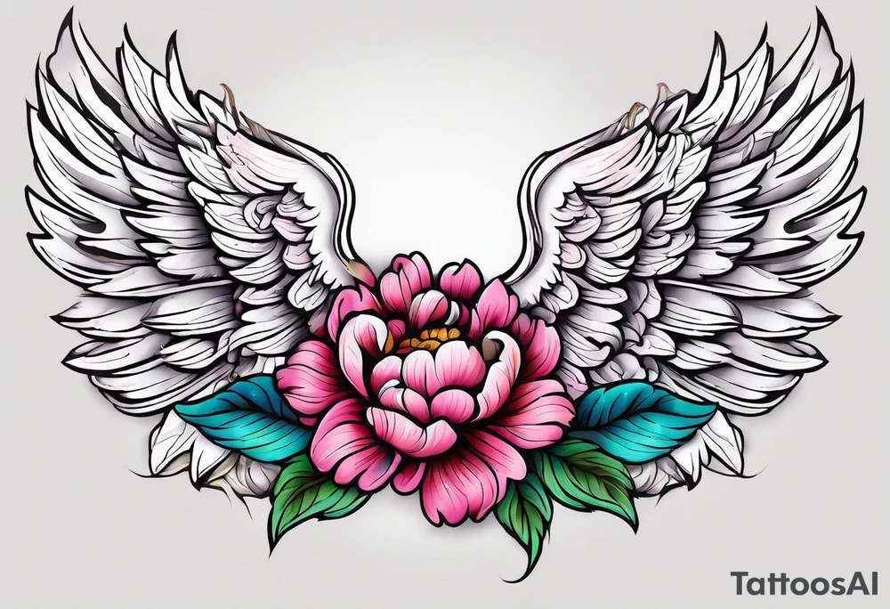 beautiful angel wings with colorful, peonies. beautiful flilligree in the background , full color, traditional old school , white background tattoo idea