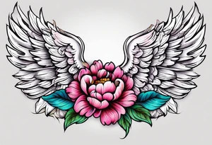 beautiful angel wings with colorful, peonies. beautiful flilligree in the background , full color, traditional old school , white background tattoo idea