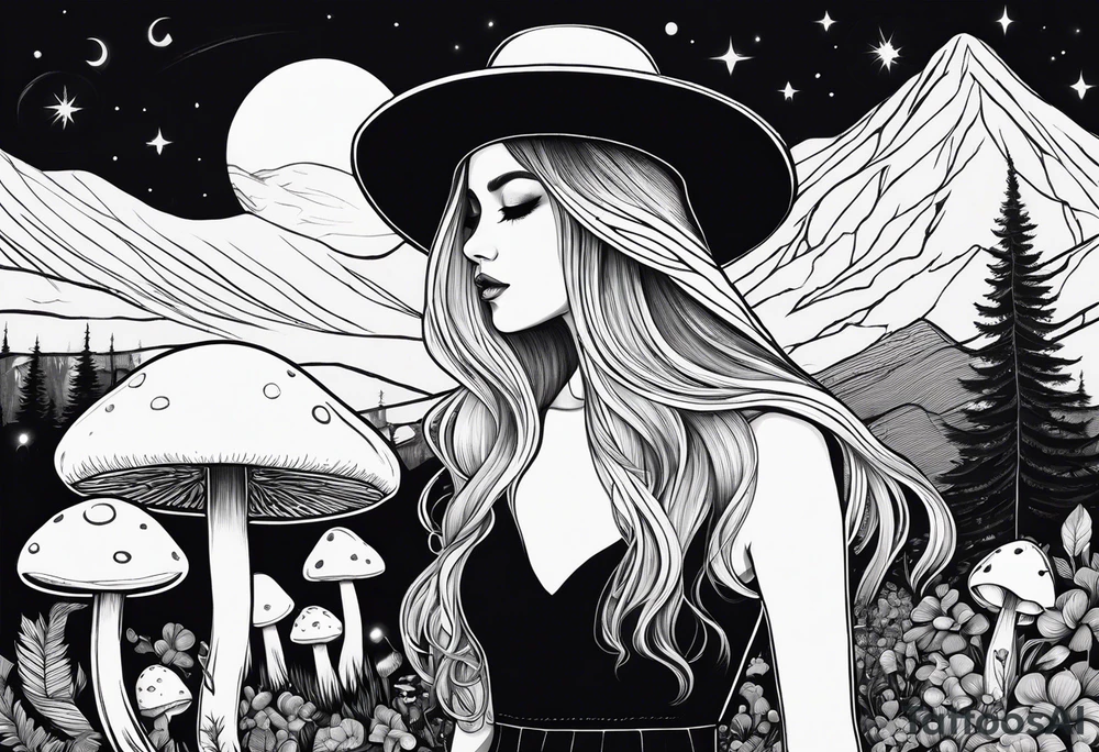 Straight blonde hair girl facing away toward mountains surrounded by mushrooms crescent moon circular design black dress mushroom hat tattoo idea
