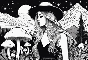 Straight blonde hair girl facing away toward mountains surrounded by mushrooms crescent moon circular design black dress mushroom hat tattoo idea