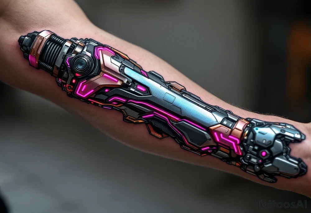 A cleanly layered mechanical arm in polished titanium with holographic light accents in magenta. tattoo idea