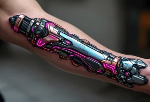 A cleanly layered mechanical arm in polished titanium with holographic light accents in magenta. tattoo idea