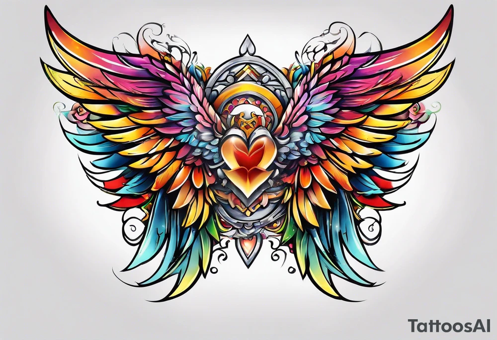 beautiful intricate colorful new school angel wings, tattoo idea