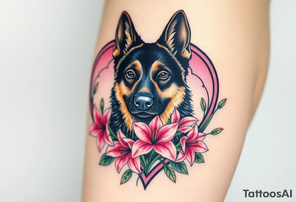 tough looking german shepherd dog with pink lily flowers in front of sacred heart tattoo idea