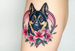 tough looking german shepherd dog with pink lily flowers in front of sacred heart tattoo idea