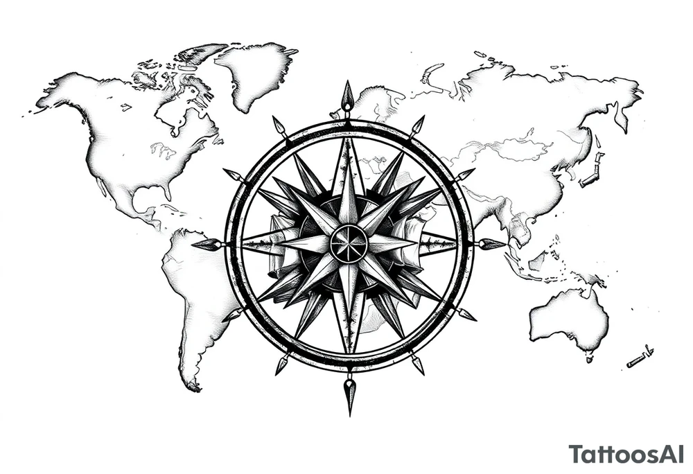 antique compass rose overlaid on weathered world map with sailing ships tattoo idea