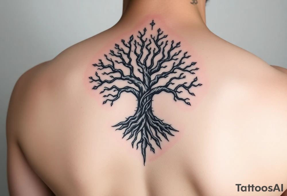 mystical tree of life with cosmic roots and celestial branches tattoo idea