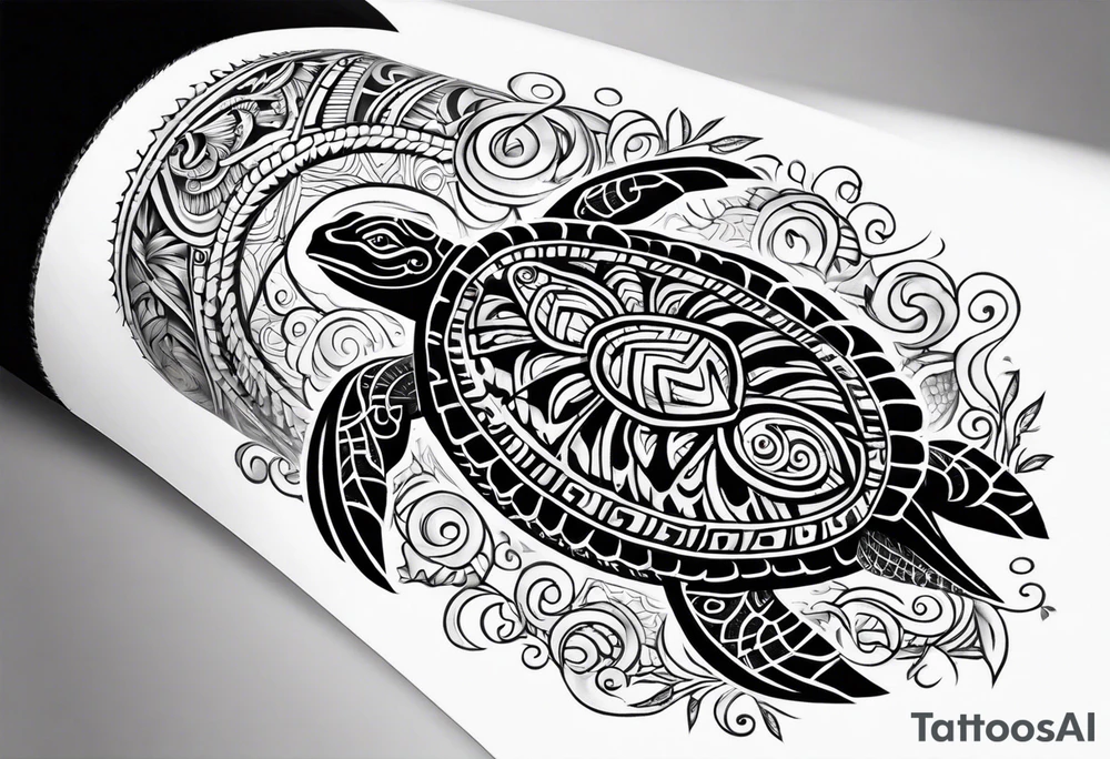 Full Polynesian tribal sleeve with turtle on top tattoo idea