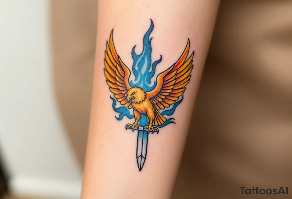 A golden eagle with a radiant crown, standing on a sword, surrounded by mystical blue flame tattoo idea
