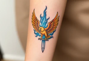 A golden eagle with a radiant crown, standing on a sword, surrounded by mystical blue flame tattoo idea