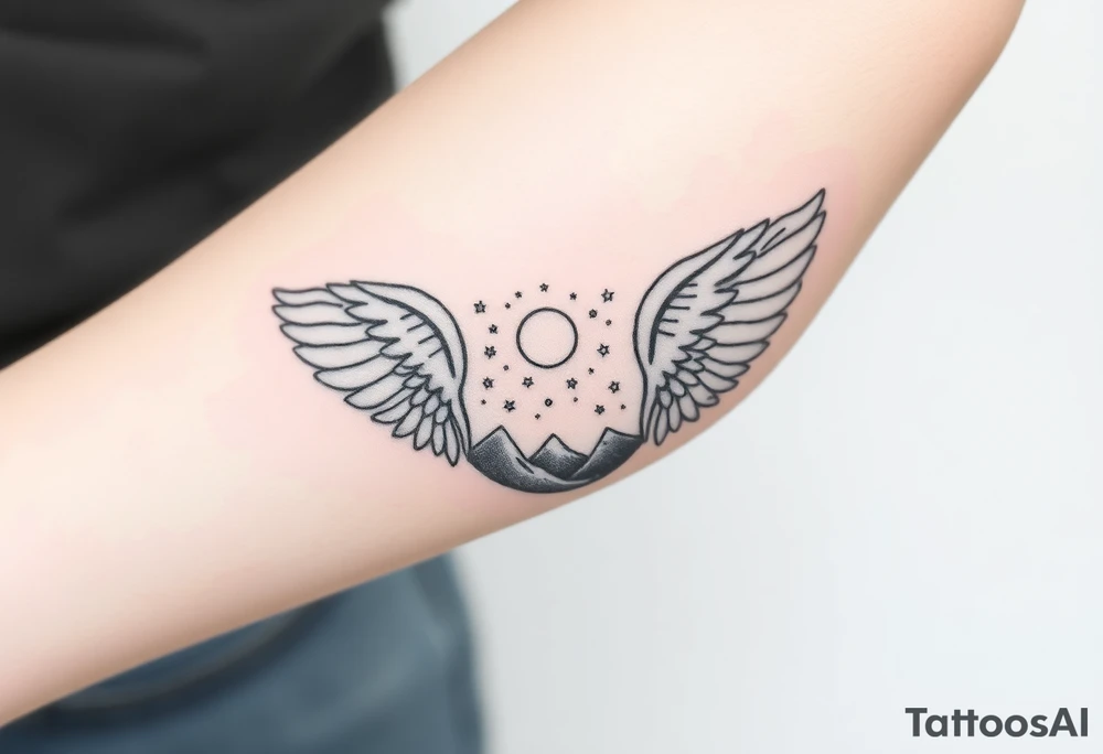 Night sky with constellation, stars & moon seen from a frame of natural landscape angel wings spiritual tattoo idea