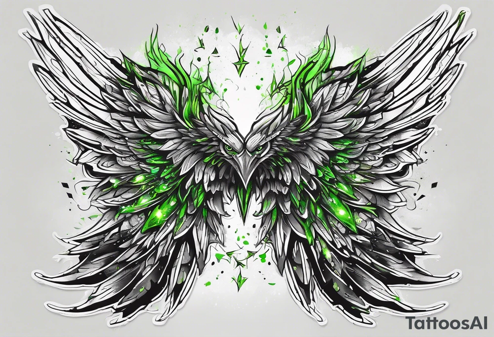 Forearm wing tattoo with streaks of neon green lightning going through/around it tattoo idea