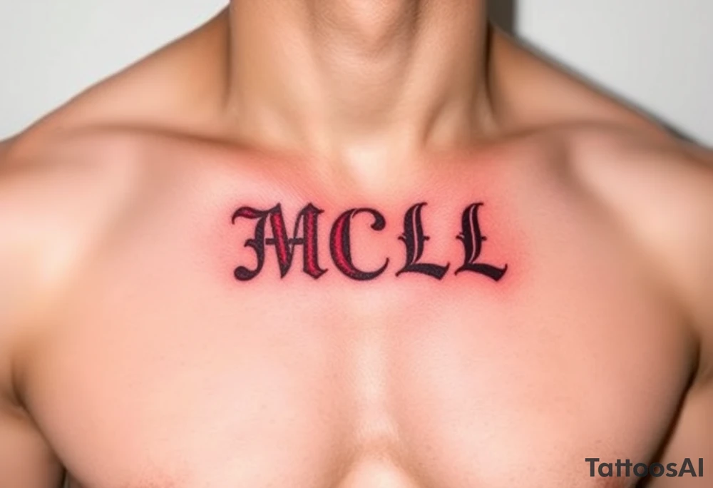 realistic tattoo design of "MCL" on upper left  side of chest, shaded to look as if tattoo was carved into the skin, red and black tattoo idea
