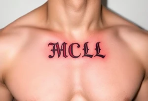 realistic tattoo design of "MCL" on upper left  side of chest, shaded to look as if tattoo was carved into the skin, red and black tattoo idea
