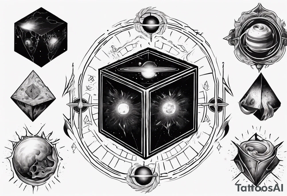 Destruction of black cube of saturn,Occult esoteric tattoo idea